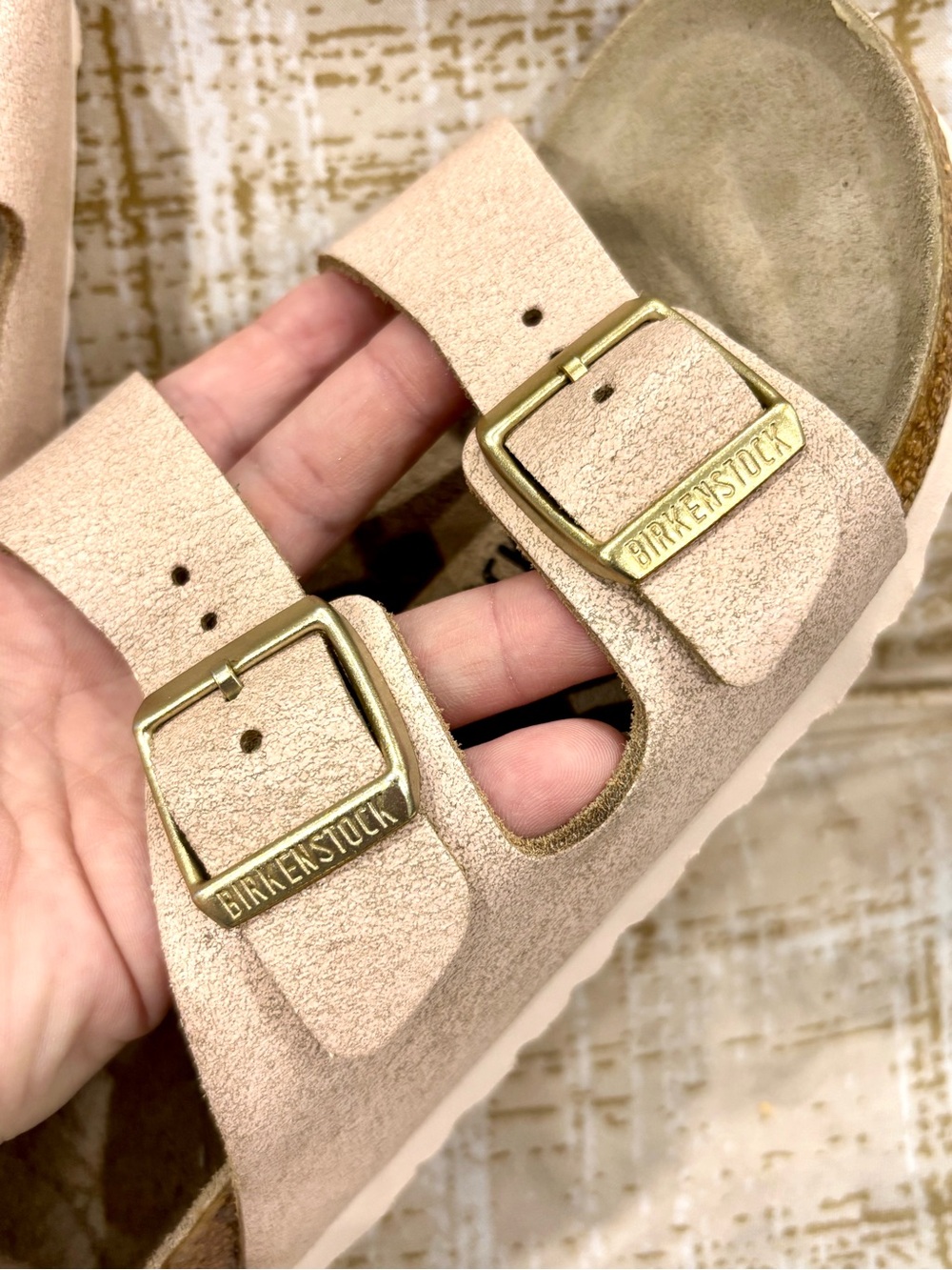Birkenstock Arizona Suede Sandal in Blush Pink with Gold Buckles